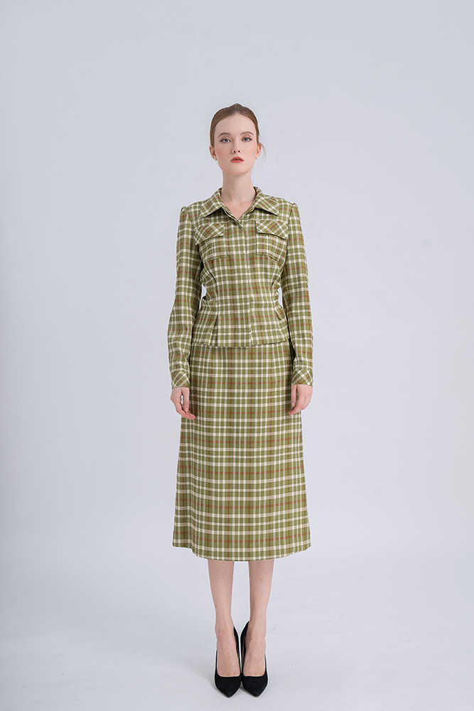 PLEATED DETALING CHECKED PATTERN SHIRT