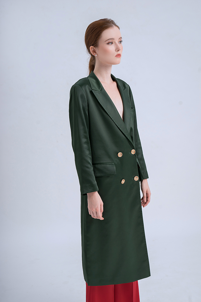 LONG SILK DOUBLE BREASTED TRENCH COAT 